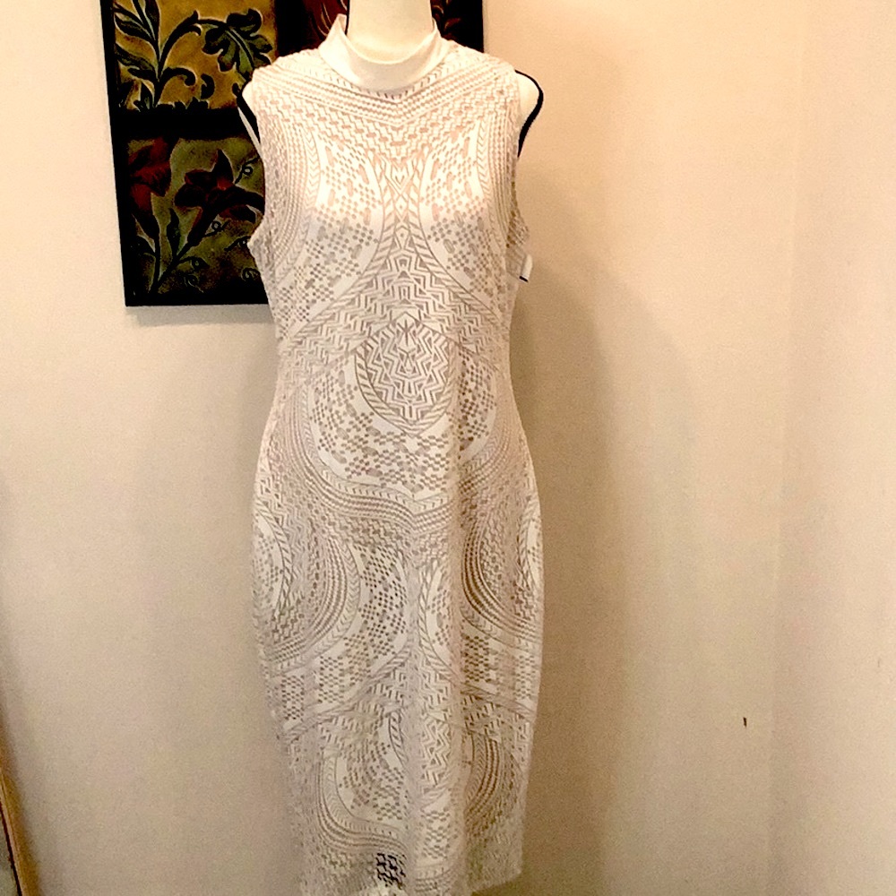NWT Belle Sky cream and tan bodycon midi dress. Size Large.